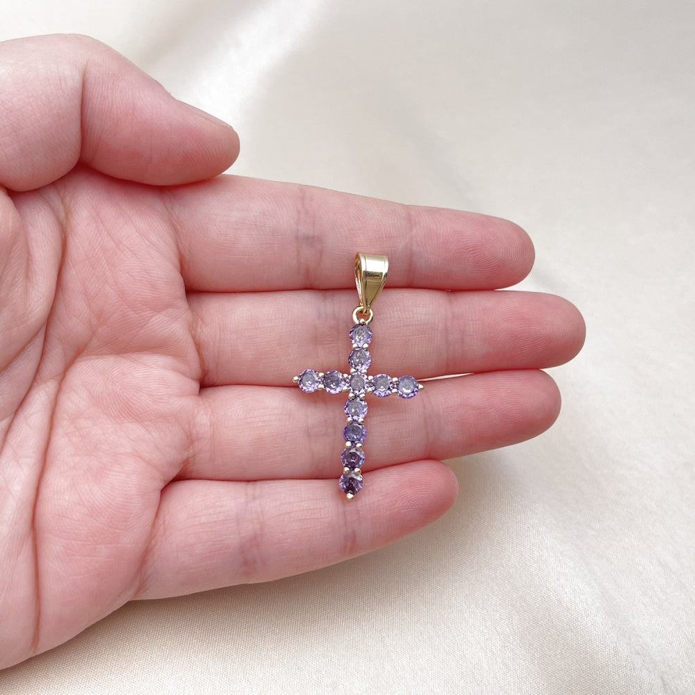 Oro Laminado Religious Pendant, Gold Filled Style Cross Design, with Amethyst Cubic Zirconia, Polished, Golden Finish