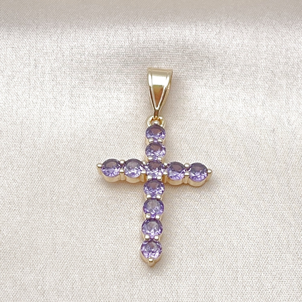 Oro Laminado Religious Pendant, Gold Filled Style Cross Design, with Amethyst Cubic Zirconia, Polished, Golden Finish