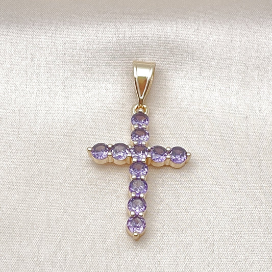 Oro Laminado Religious Pendant, Gold Filled Style Cross Design, with Amethyst Cubic Zirconia, Polished, Golden Finish