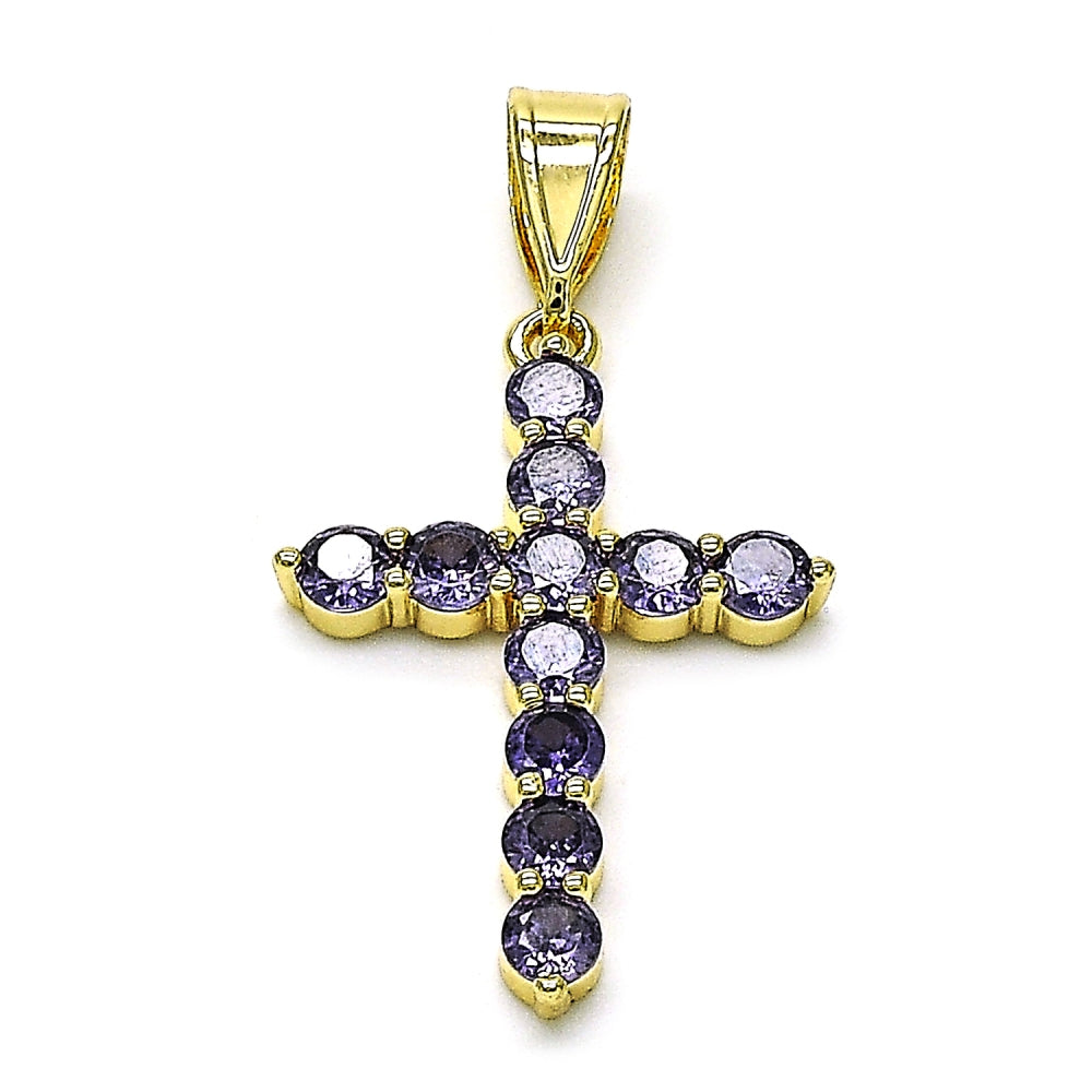 Oro Laminado Religious Pendant, Gold Filled Style Cross Design, with Amethyst Cubic Zirconia, Polished, Golden Finish