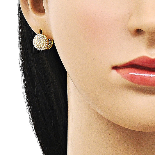Oro Laminado Huggie Hoop, Gold Filled Style Flower Design, with Ivory Pearl, Polished, Golden Finish