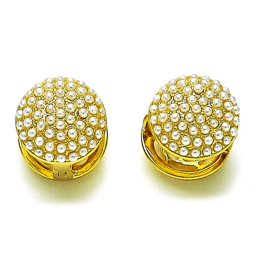 Oro Laminado Huggie Hoop, Gold Filled Style Flower Design, with Ivory Pearl, Polished, Golden Finish