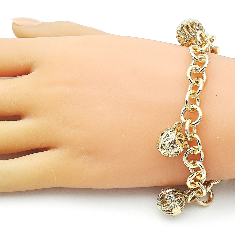 Oro Laminado Charm Bracelet, Gold Filled Style Ball and Rolo Design, Diamond Cutting Finish, Golden Finish