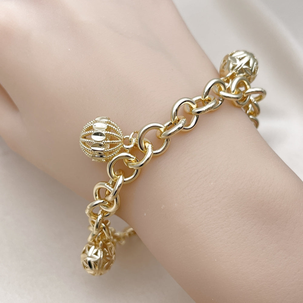 Oro Laminado Charm Bracelet, Gold Filled Style Ball and Rolo Design, Diamond Cutting Finish, Golden Finish