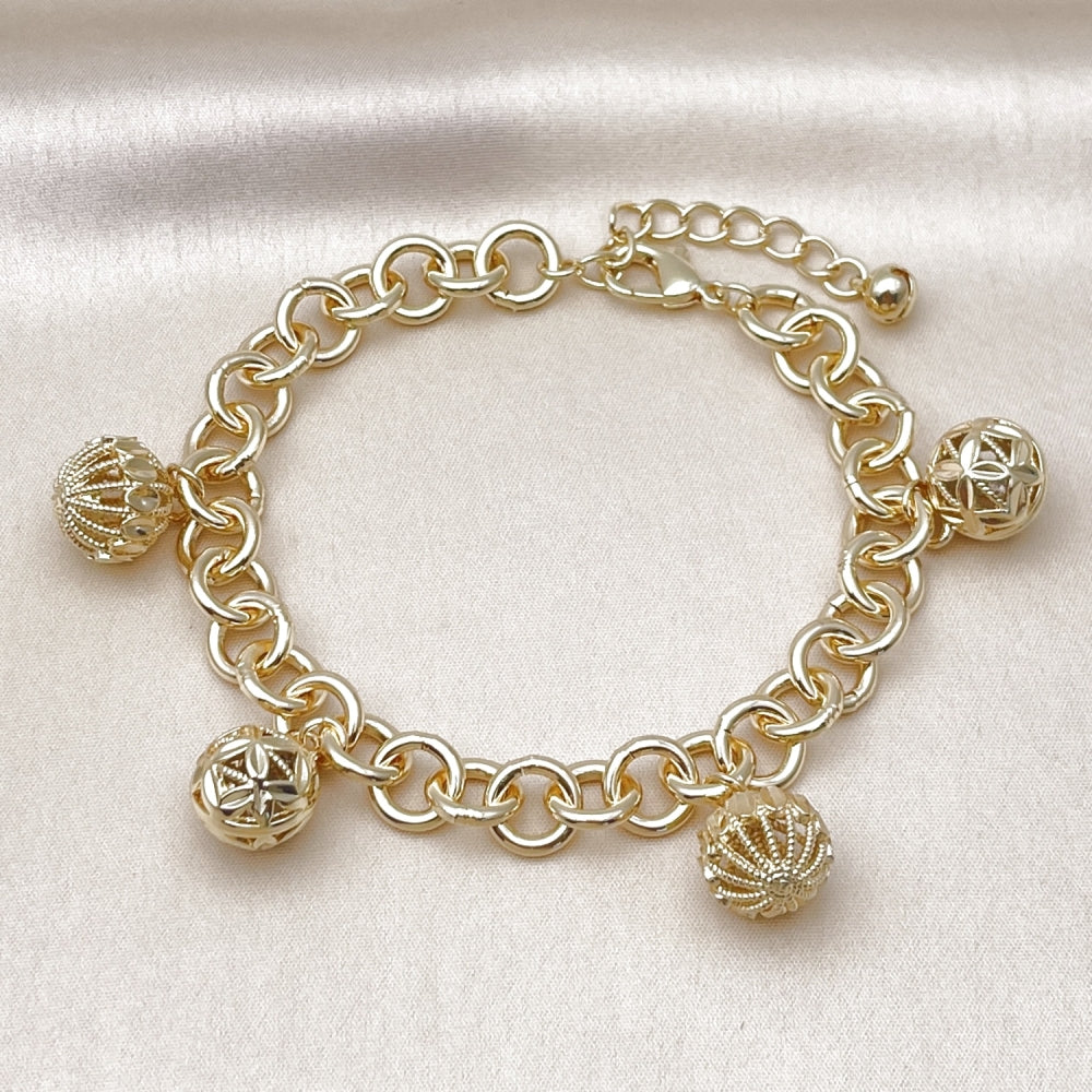 Oro Laminado Charm Bracelet, Gold Filled Style Ball and Rolo Design, Diamond Cutting Finish, Golden Finish