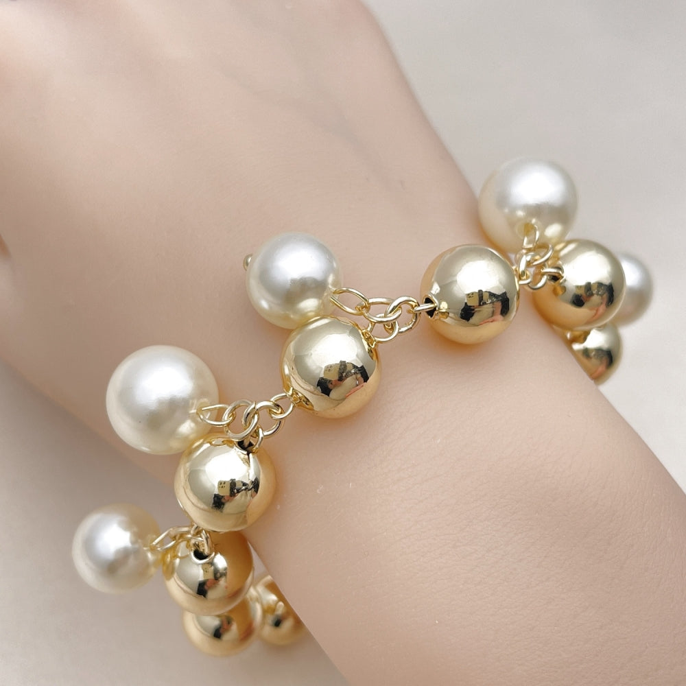 Oro Laminado Charm Bracelet, Gold Filled Style Ball and Hollow Design, with Ivory Pearl, Polished, Golden Finish