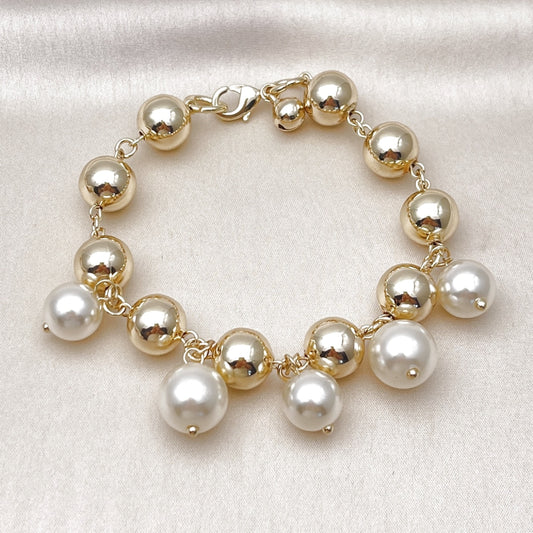 Oro Laminado Charm Bracelet, Gold Filled Style Ball and Hollow Design, with Ivory Pearl, Polished, Golden Finish