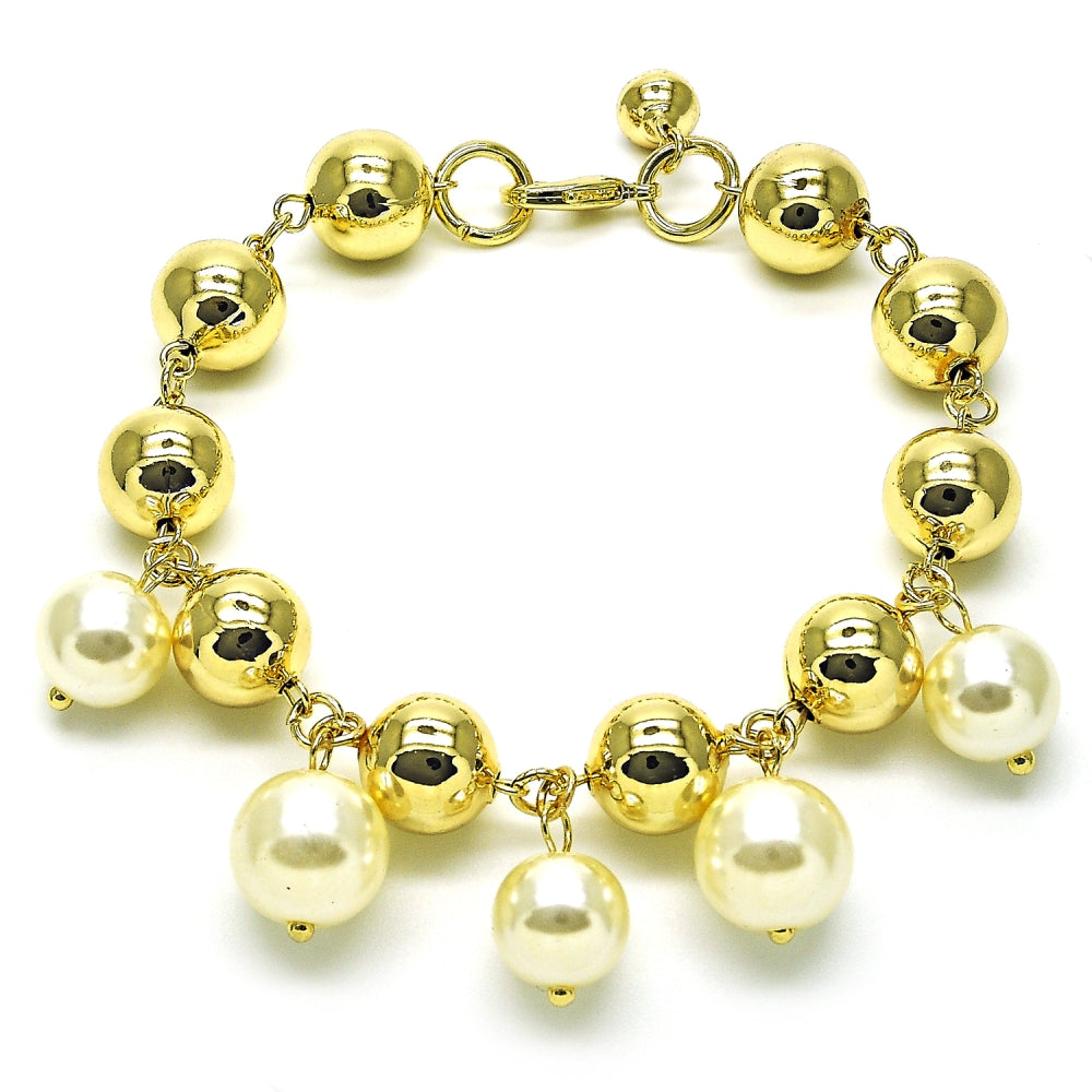 Oro Laminado Charm Bracelet, Gold Filled Style Ball and Hollow Design, with Ivory Pearl, Polished, Golden Finish