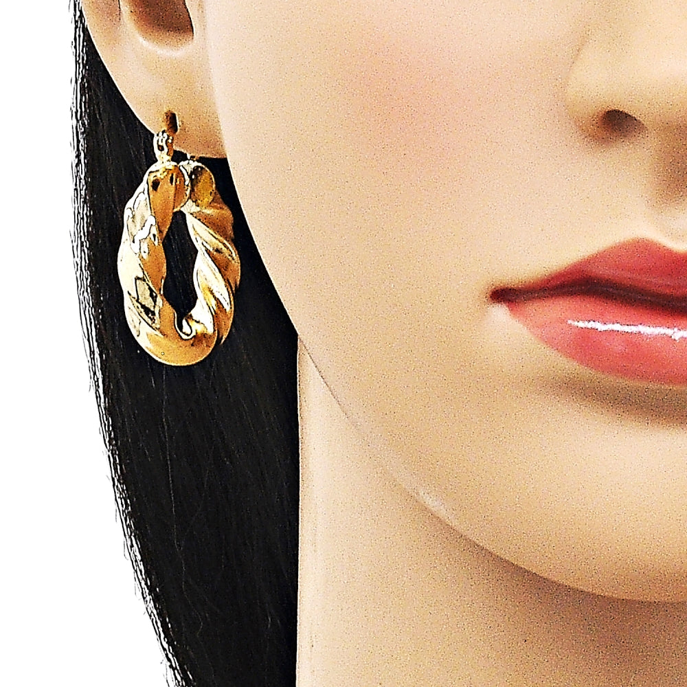 Oro Laminado Medium Hoop, Gold Filled Style Hollow and Twist Design, Polished, Golden Finish