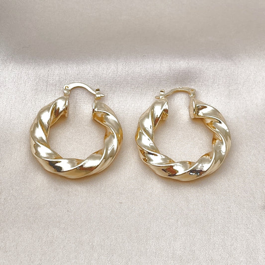 Oro Laminado Medium Hoop, Gold Filled Style Hollow and Twist Design, Polished, Golden Finish