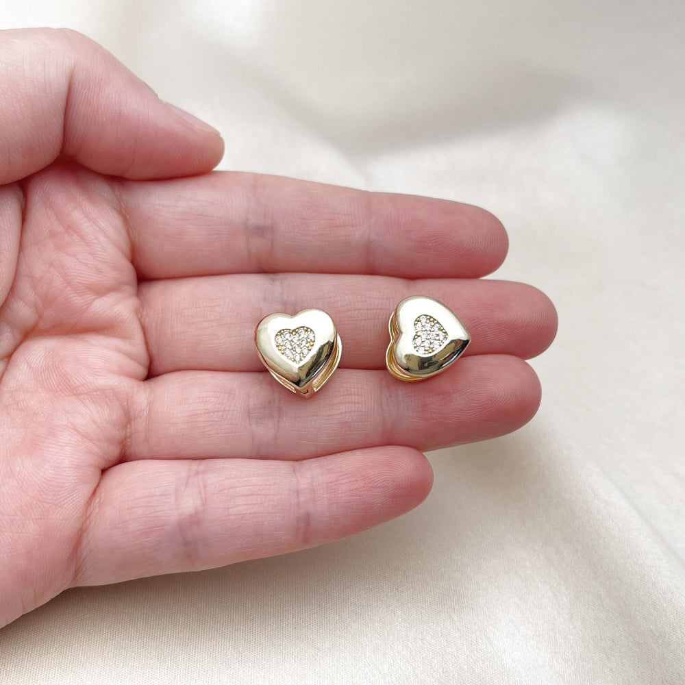 Oro Laminado Huggie Hoop, Gold Filled Style Heart Design, with White Micro Pave, Polished, Golden Finish