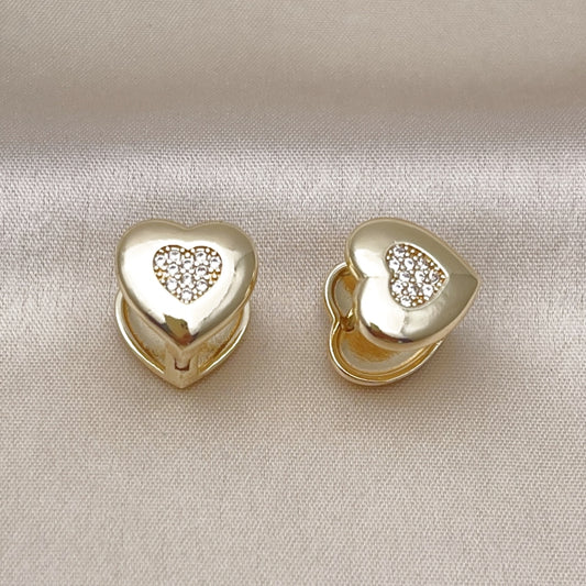 Oro Laminado Huggie Hoop, Gold Filled Style Heart Design, with White Micro Pave, Polished, Golden Finish