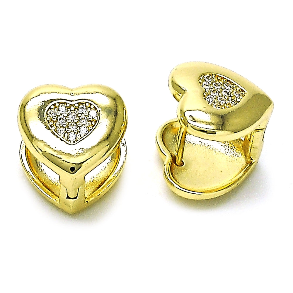 Oro Laminado Huggie Hoop, Gold Filled Style Heart Design, with White Micro Pave, Polished, Golden Finish