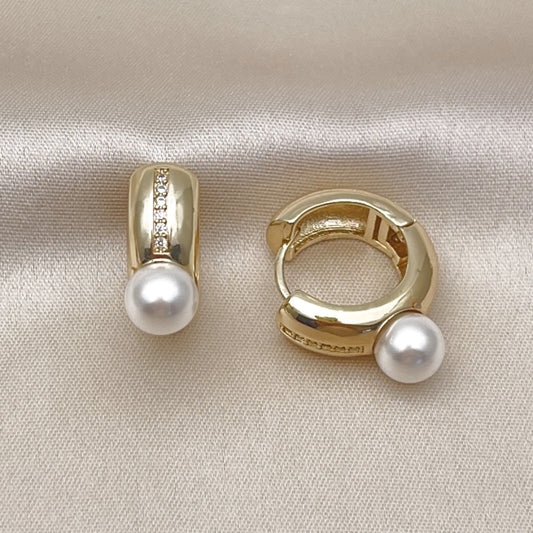 Oro Laminado Huggie Hoop, Gold Filled Style with Ivory Pearl and White Micro Pave, Polished, Golden Finish