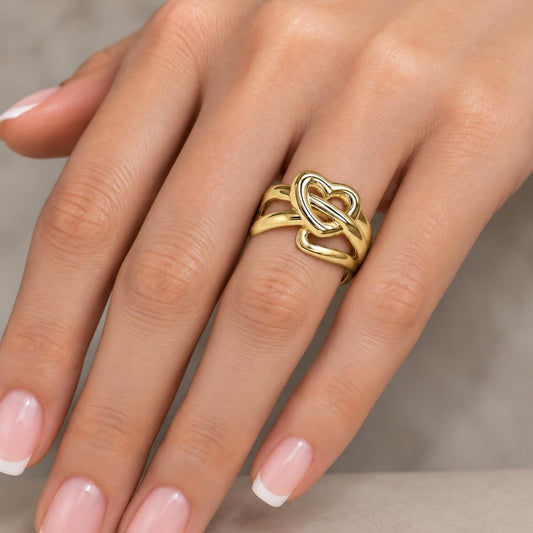 Oro Laminado Elegant Ring, Gold Filled Style Heart and Love Knot Design, Polished, Golden Finish