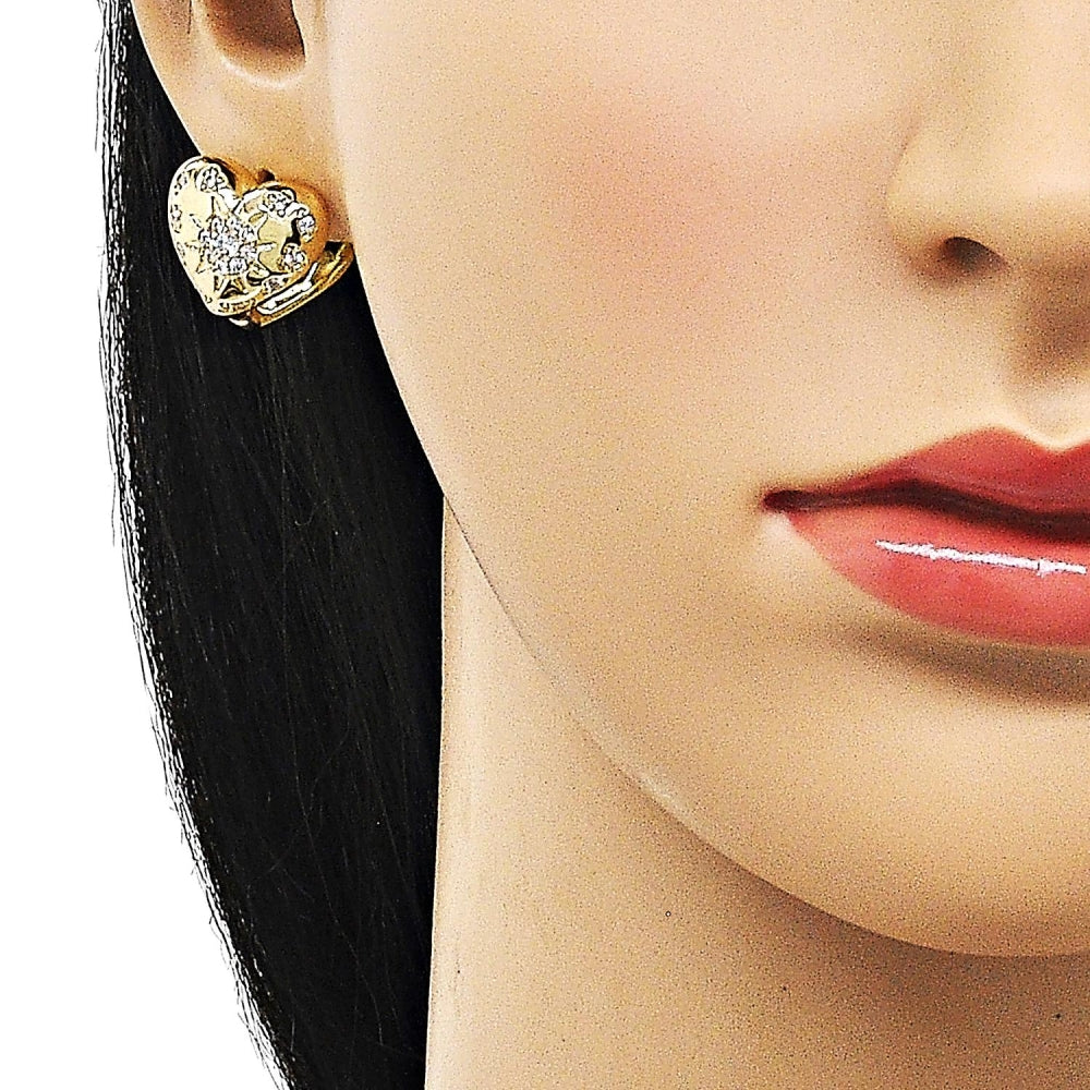 Oro Laminado Huggie Hoop, Gold Filled Style Heart and Sun Design, with White Cubic Zirconia, Polished, Golden Finish