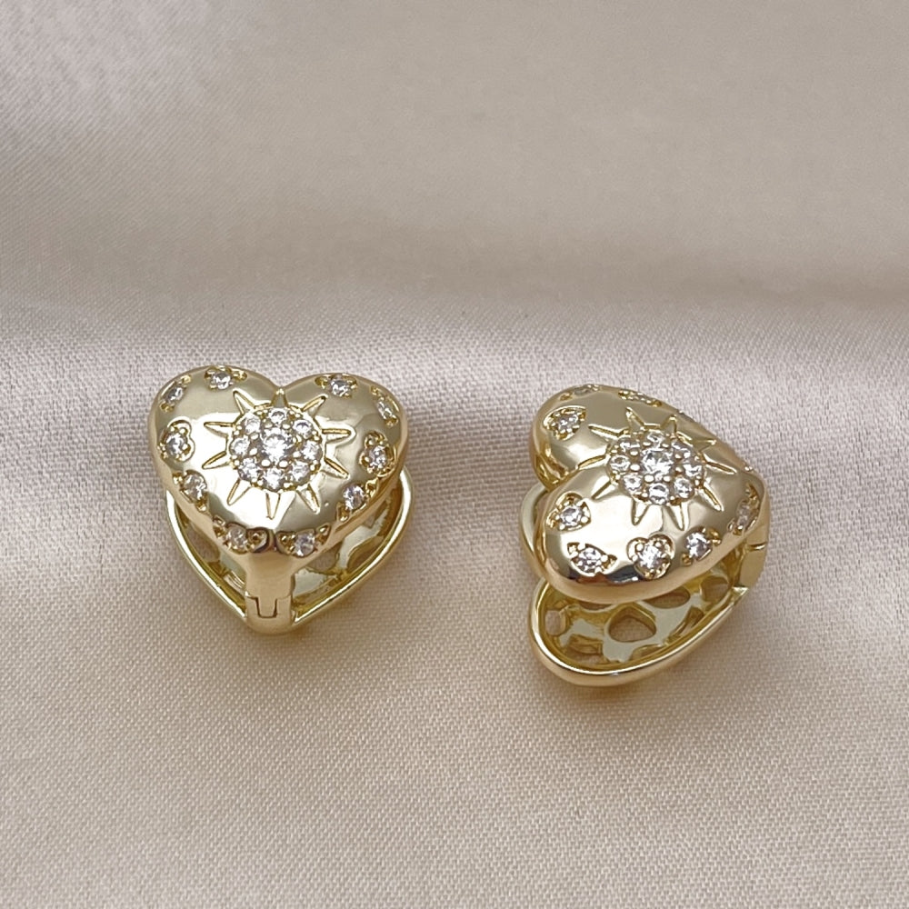 Oro Laminado Huggie Hoop, Gold Filled Style Heart and Sun Design, with White Cubic Zirconia, Polished, Golden Finish