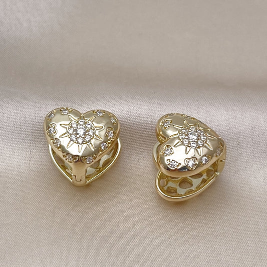 Oro Laminado Huggie Hoop, Gold Filled Style Heart and Sun Design, with White Cubic Zirconia, Polished, Golden Finish