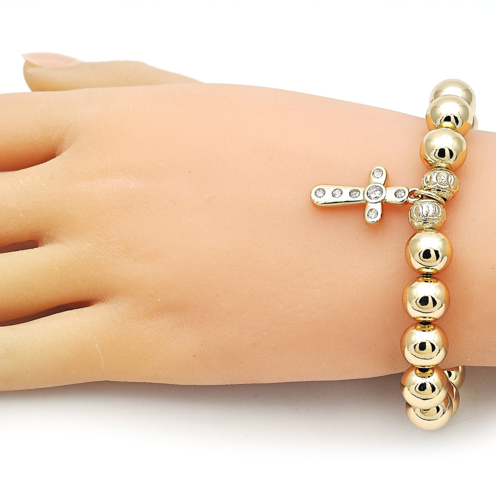 Oro Laminado Fancy Bracelet, Gold Filled Style Ball and Hollow Design, with White Cubic Zirconia, Polished, Golden Finish