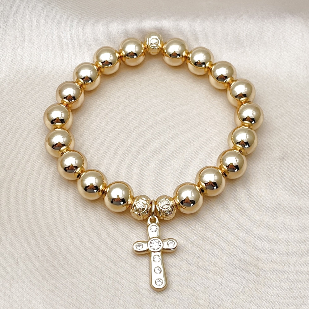 Oro Laminado Fancy Bracelet, Gold Filled Style Ball and Hollow Design, with White Cubic Zirconia, Polished, Golden Finish