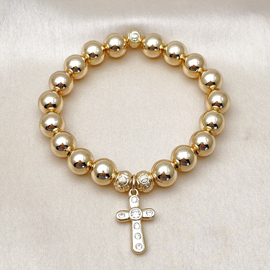 Oro Laminado Fancy Bracelet, Gold Filled Style Ball and Hollow Design, with White Cubic Zirconia, Polished, Golden Finish