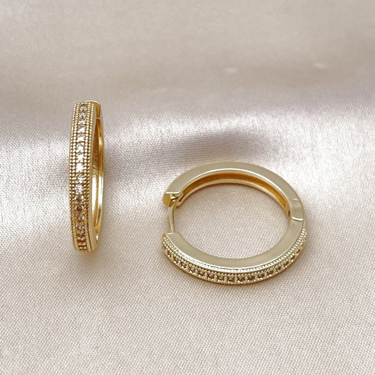 Oro Laminado Huggie Hoop, Gold Filled Style with White Micro Pave, Polished, Golden Finish