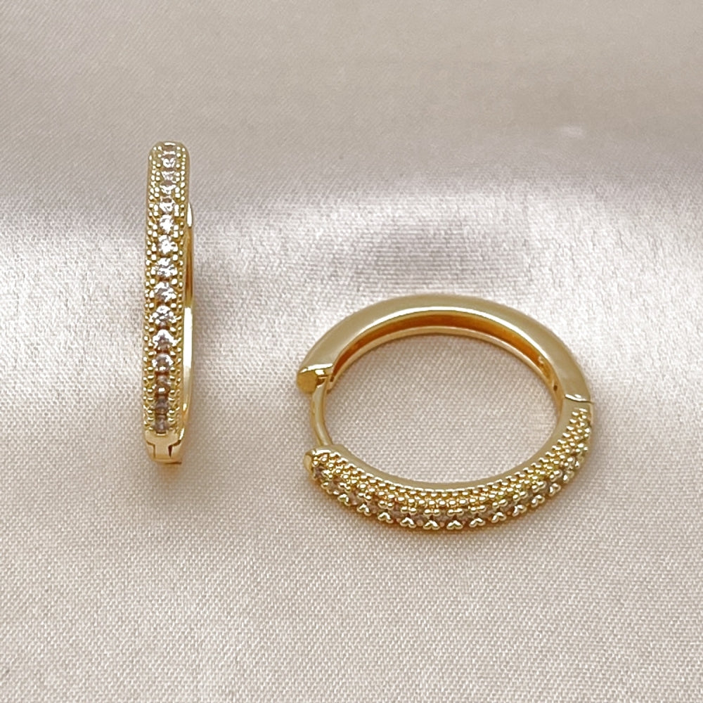 Oro Laminado Huggie Hoop, Gold Filled Style with White Cubic Zirconia, Polished, Golden Finish