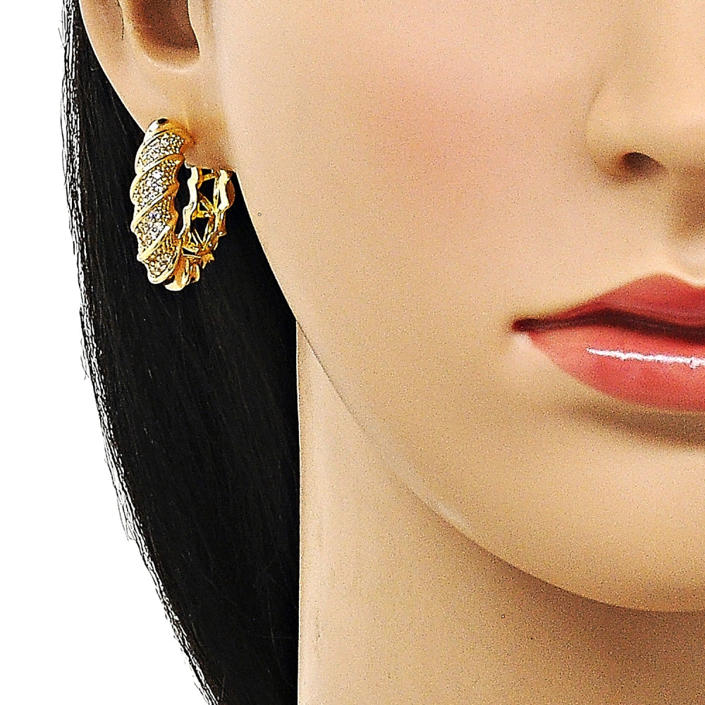 Oro Laminado Huggie Hoop, Gold Filled Style Twist Design, with White Cubic Zirconia, Polished, Golden Finish
