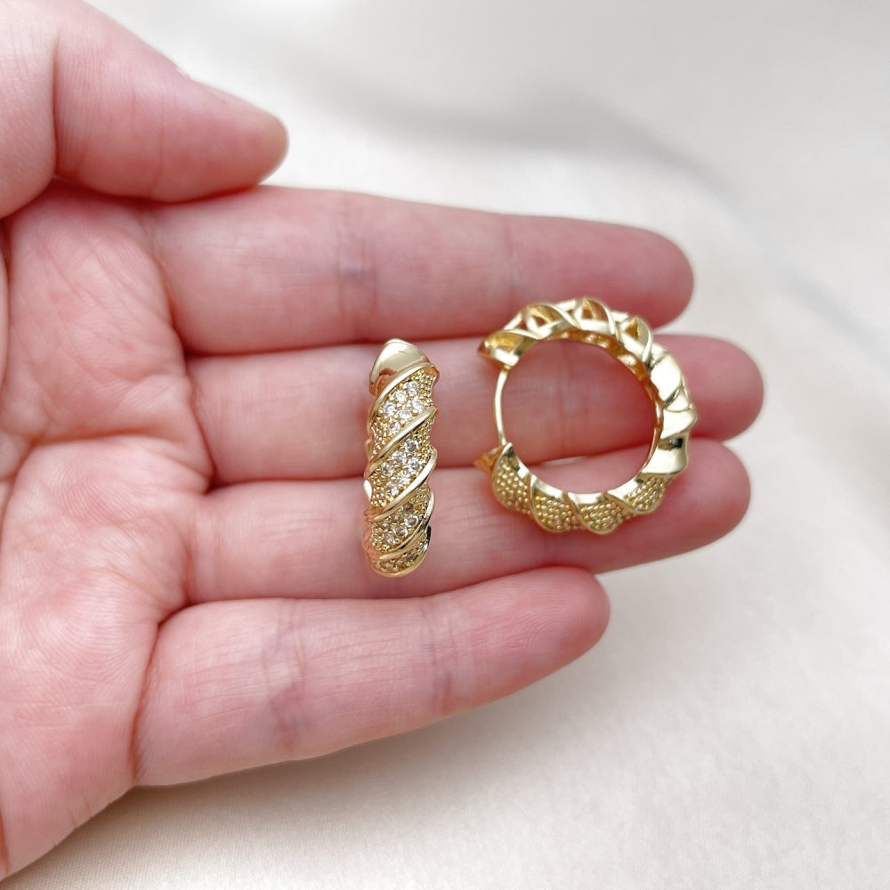 Oro Laminado Huggie Hoop, Gold Filled Style Twist Design, with White Cubic Zirconia, Polished, Golden Finish