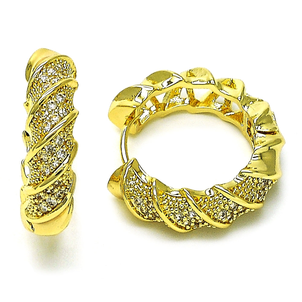 Oro Laminado Huggie Hoop, Gold Filled Style Twist Design, with White Cubic Zirconia, Polished, Golden Finish