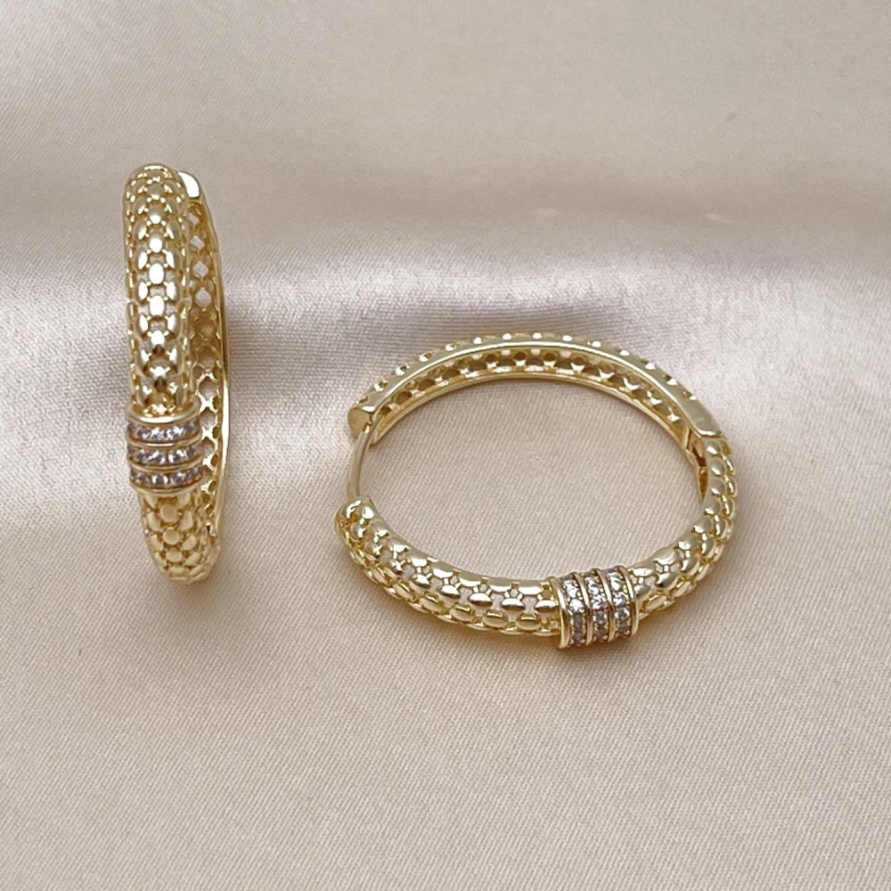 Oro Laminado Huggie Hoop, Gold Filled Style with White Cubic Zirconia, Polished, Golden Finish