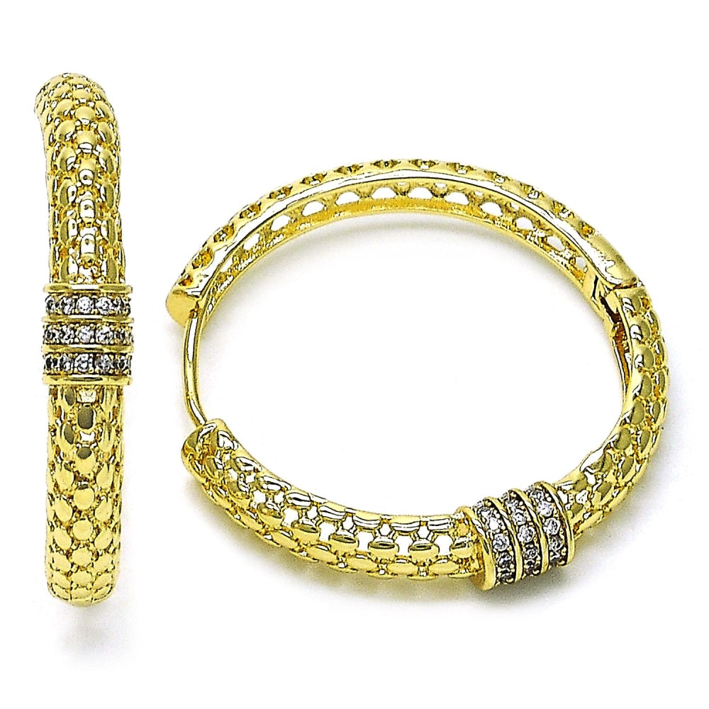 Oro Laminado Huggie Hoop, Gold Filled Style with White Cubic Zirconia, Polished, Golden Finish