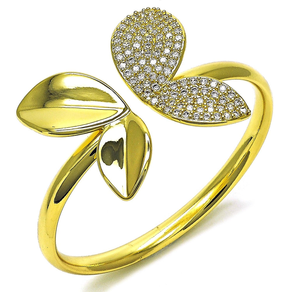 Oro Laminado Individual Bangle, Gold Filled Style Leaf Design, with White Cubic Zirconia, Polished, Golden Finish