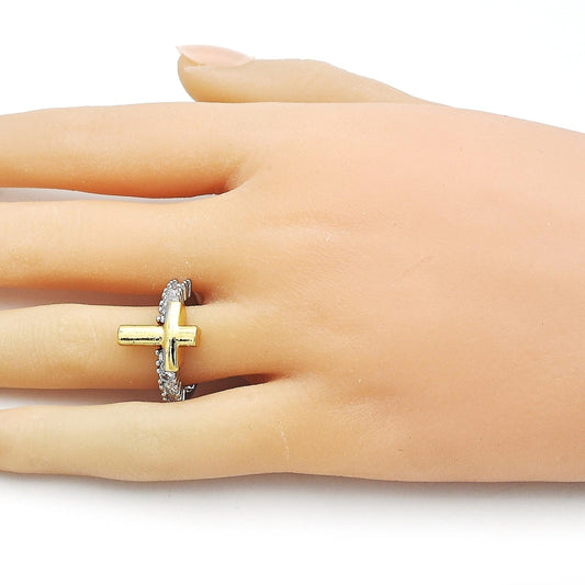 Oro Laminado Multi Stone Ring, Gold Filled Style Cross Design, with White Cubic Zirconia, Polished, Two Tone