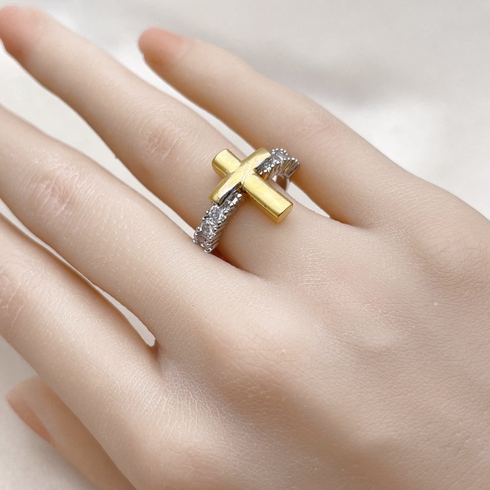Oro Laminado Multi Stone Ring, Gold Filled Style Cross Design, with White Cubic Zirconia, Polished, Two Tone