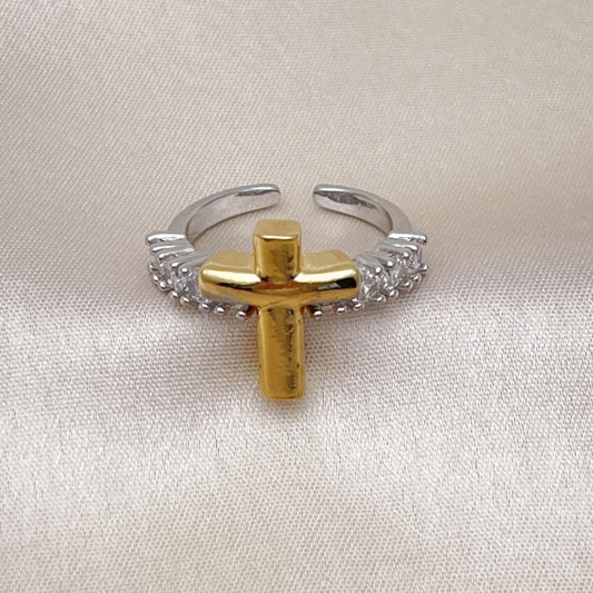 Oro Laminado Multi Stone Ring, Gold Filled Style Cross Design, with White Cubic Zirconia, Polished, Two Tone