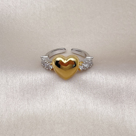 Oro Laminado Multi Stone Ring, Gold Filled Style Heart Design, with White Cubic Zirconia, Polished, Two Tone