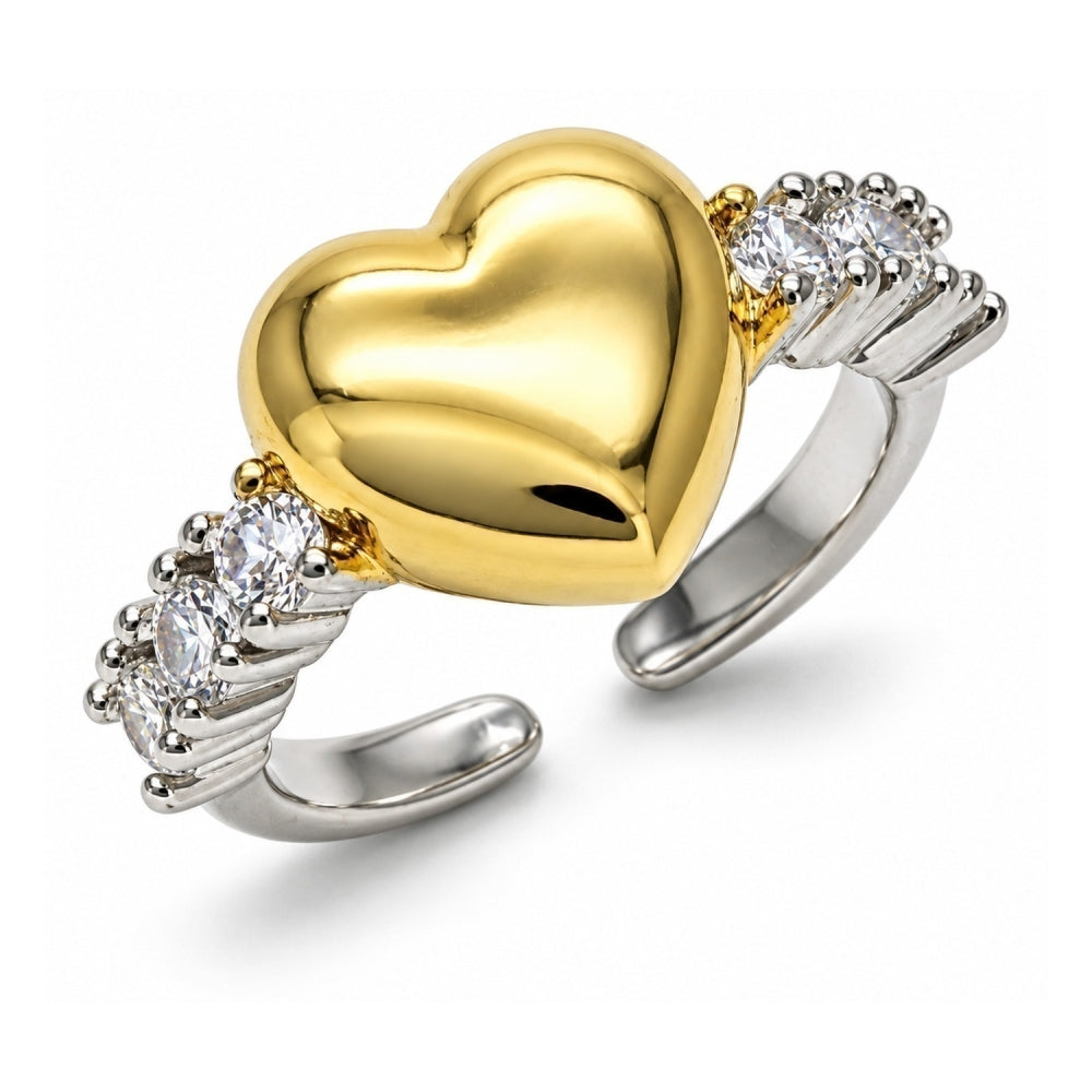 Oro Laminado Multi Stone Ring, Gold Filled Style Heart Design, with White Cubic Zirconia, Polished, Two Tone