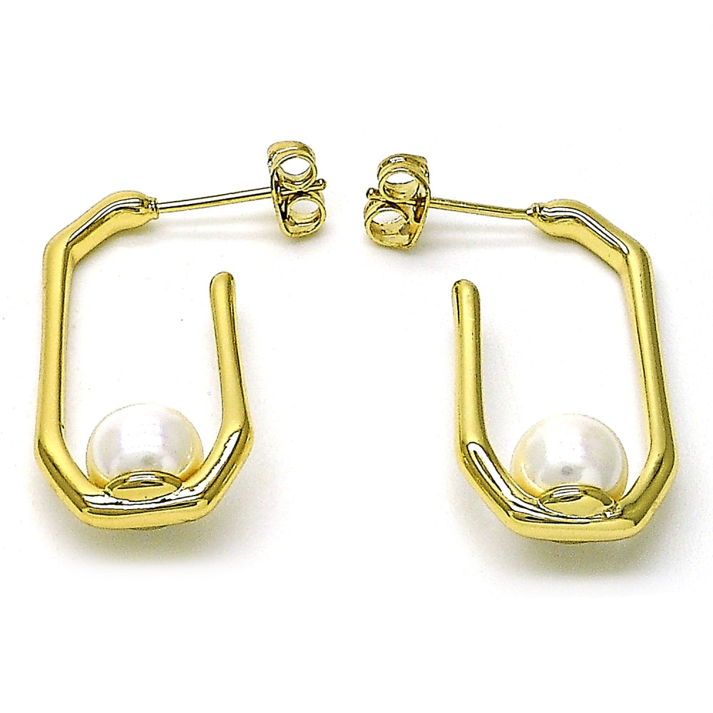 Oro Laminado Small Hoop, Gold Filled Style Ball Design, with Ivory Mother of Pearl, Polished, Golden Finish