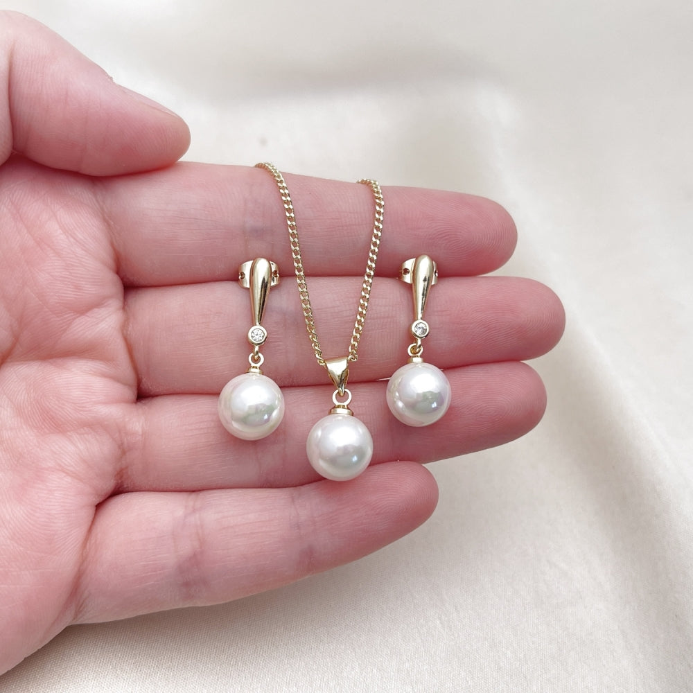 Oro Laminado Earring and Pendant Adult Set, Gold Filled Style Ball and Teardrop Design, with Ivory Mother of Pearl and White Cubic Zirconia, Polished, Golden Finish