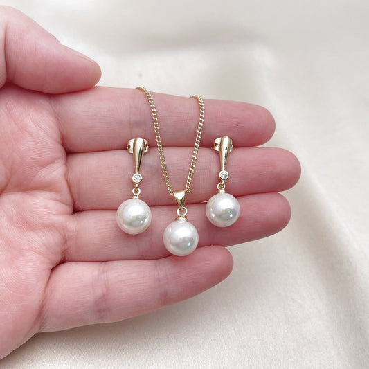 Oro Laminado Earring and Pendant Adult Set, Gold Filled Style Ball and Teardrop Design, with Ivory Mother of Pearl and White Cubic Zirconia, Polished, Golden Finish