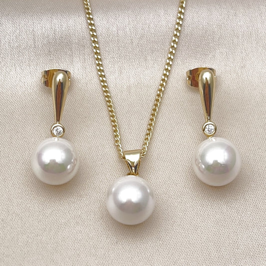Oro Laminado Earring and Pendant Adult Set, Gold Filled Style Ball and Teardrop Design, with Ivory Mother of Pearl and White Cubic Zirconia, Polished, Golden Finish