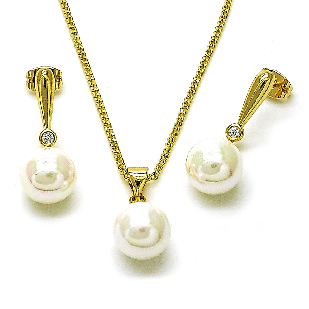 Oro Laminado Earring and Pendant Adult Set, Gold Filled Style Ball and Teardrop Design, with Ivory Mother of Pearl and White Cubic Zirconia, Polished, Golden Finish