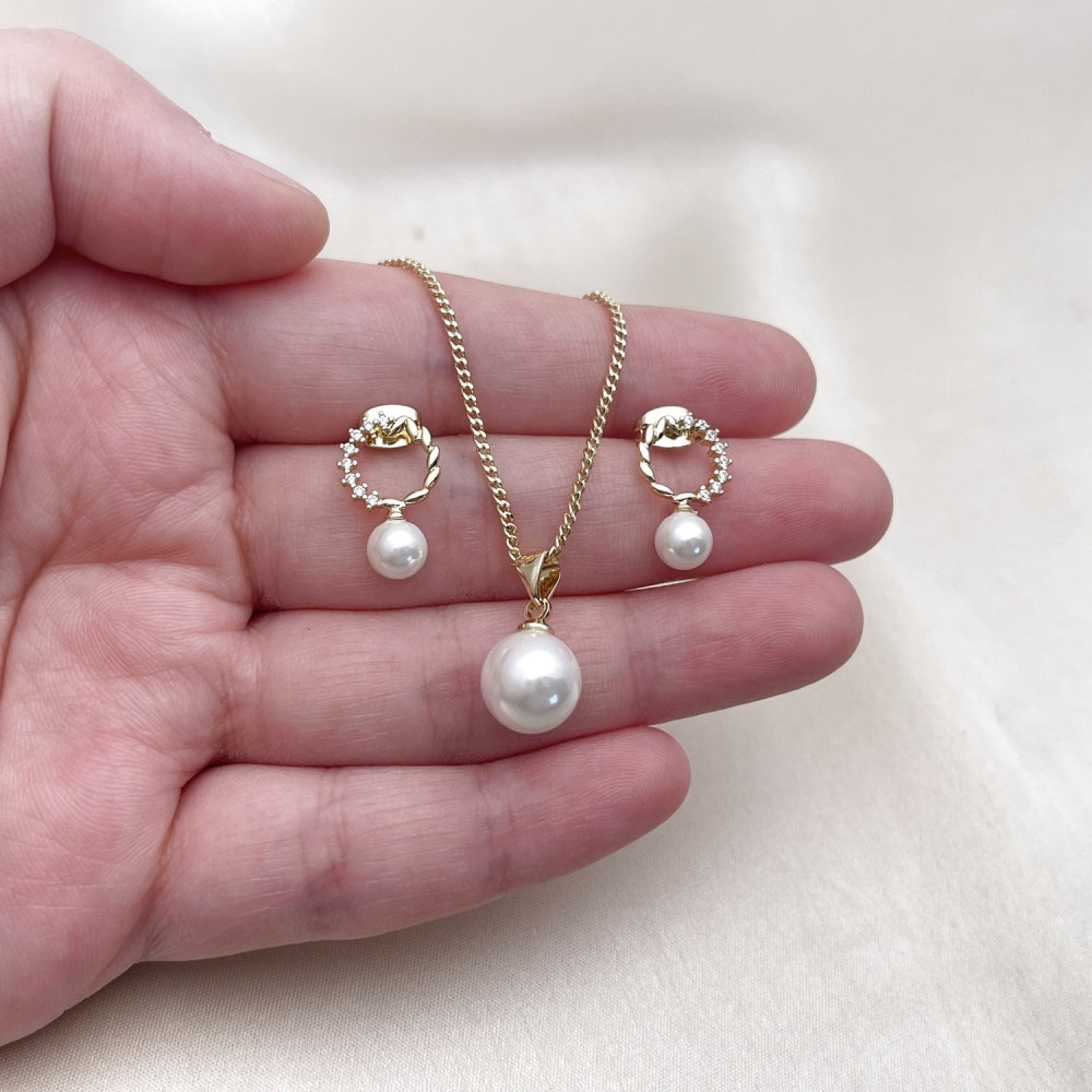 Oro Laminado Earring and Pendant Adult Set, Gold Filled Style Ball Design, with Ivory Mother of Pearl and White Cubic Zirconia, Polished, Golden Finish