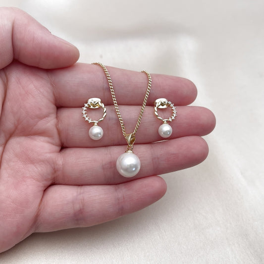 Oro Laminado Earring and Pendant Adult Set, Gold Filled Style Ball Design, with Ivory Mother of Pearl and White Cubic Zirconia, Polished, Golden Finish