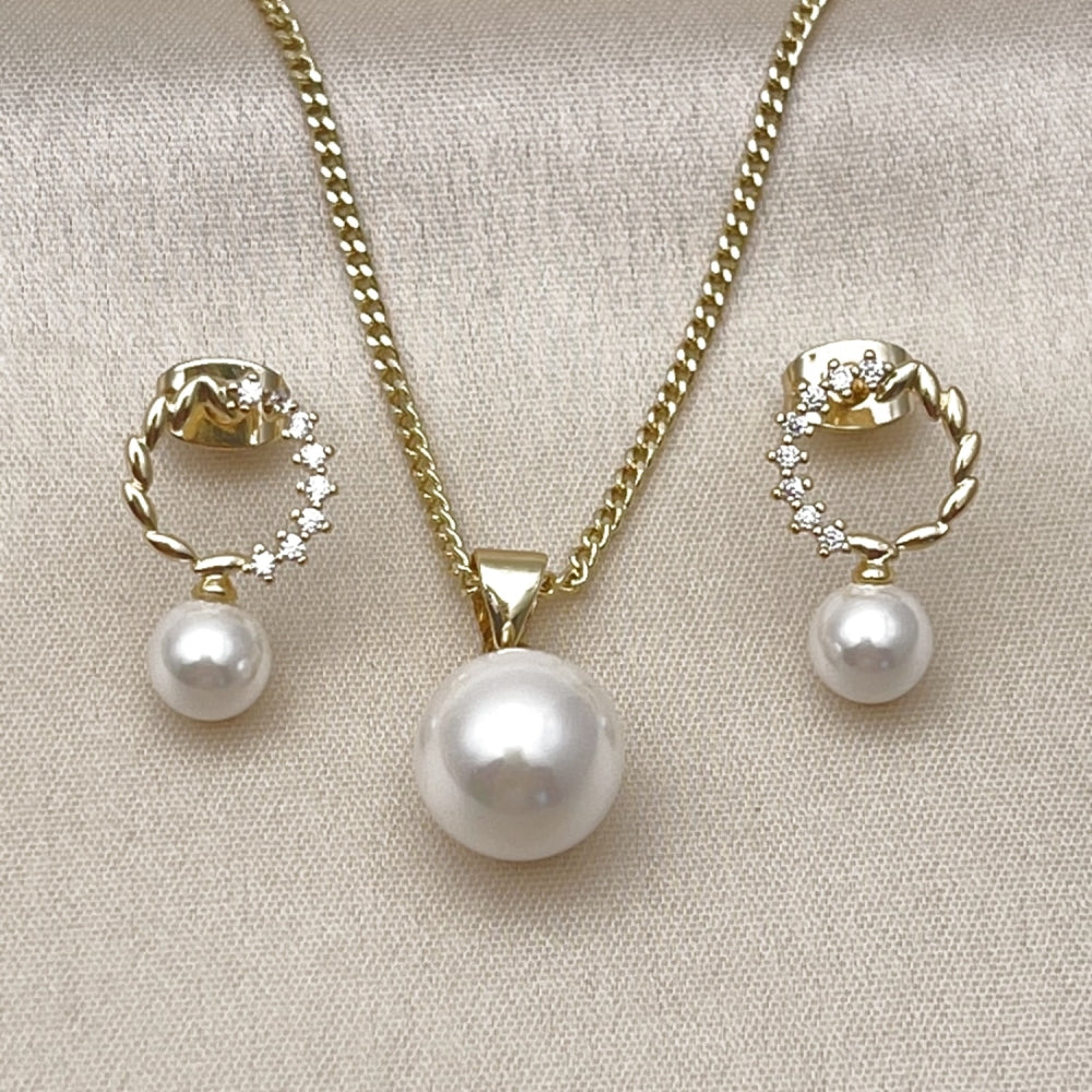 Oro Laminado Earring and Pendant Adult Set, Gold Filled Style Ball Design, with Ivory Mother of Pearl and White Cubic Zirconia, Polished, Golden Finish