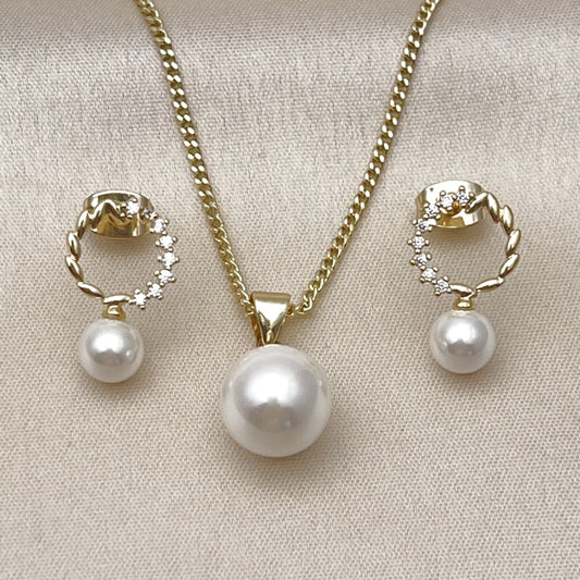 Oro Laminado Earring and Pendant Adult Set, Gold Filled Style Ball Design, with Ivory Mother of Pearl and White Cubic Zirconia, Polished, Golden Finish