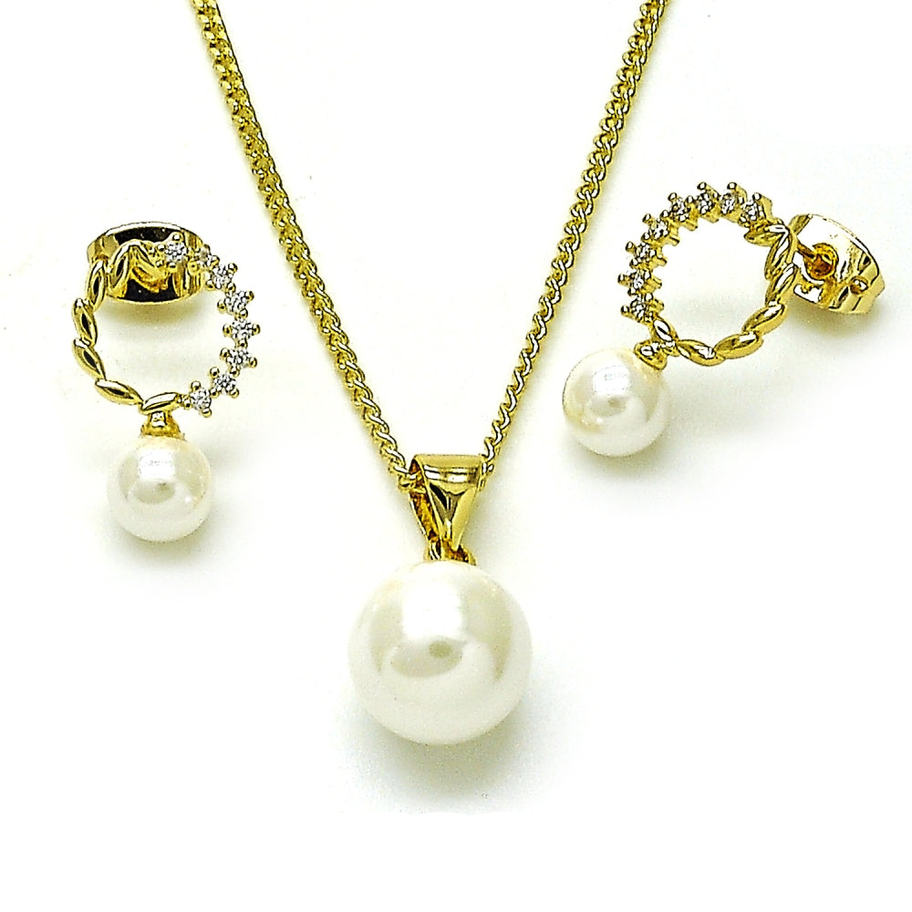 Oro Laminado Earring and Pendant Adult Set, Gold Filled Style Ball Design, with Ivory Mother of Pearl and White Cubic Zirconia, Polished, Golden Finish