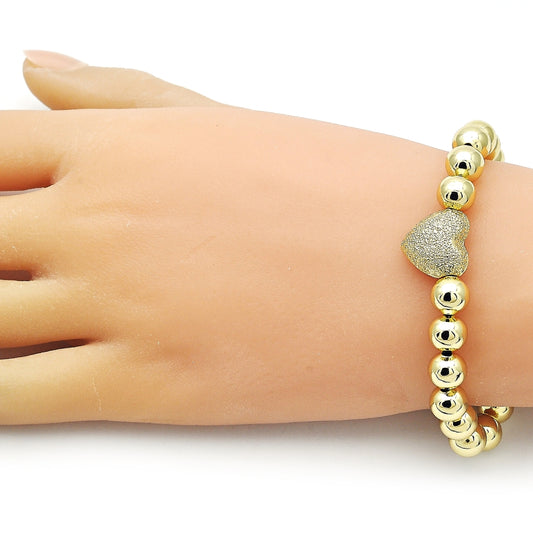 Oro Laminado Fancy Bracelet, Gold Filled Style Heart and Ball Design, Matte Finish, Golden Finish