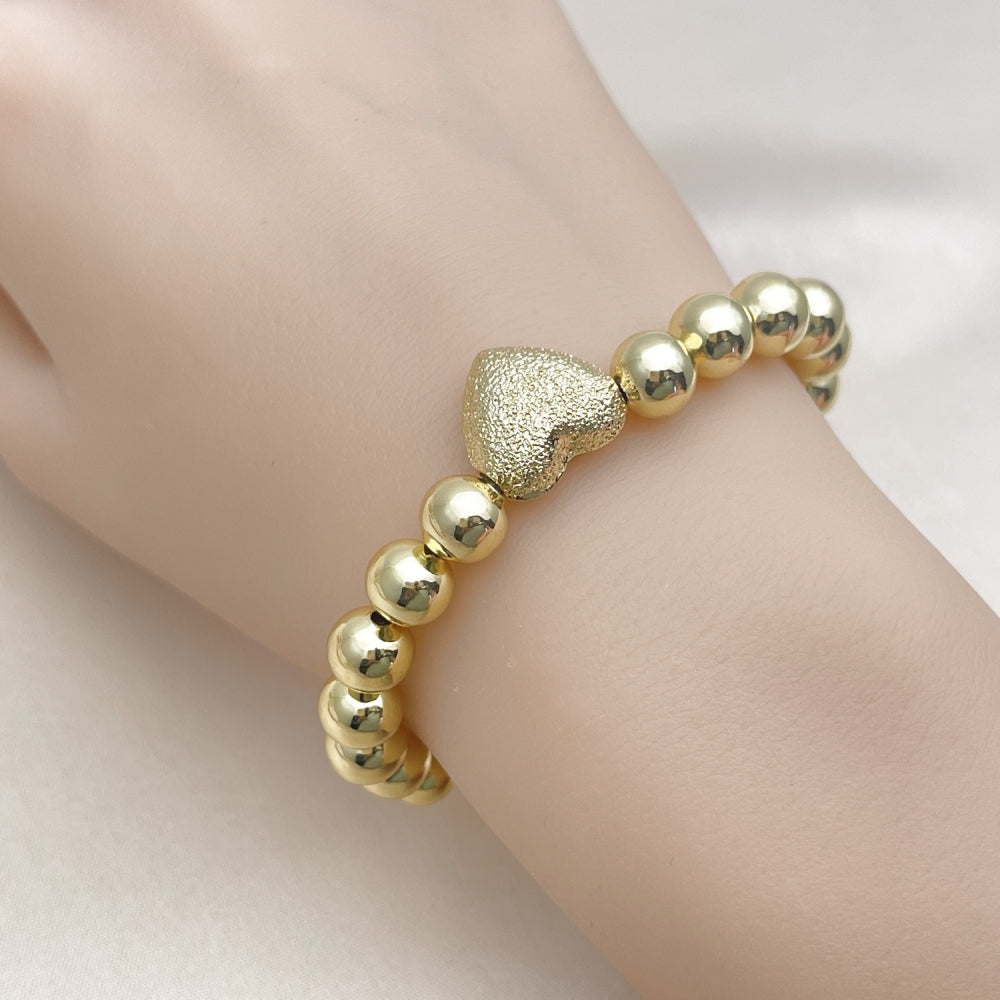 Oro Laminado Fancy Bracelet, Gold Filled Style Heart and Ball Design, Matte Finish, Golden Finish